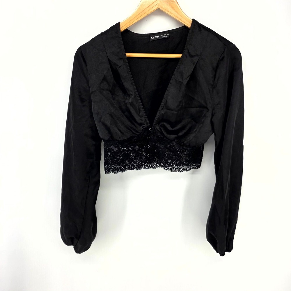Crop Top Women M Black Satin Lace V-Neck Long Sleeve Blouse Chic